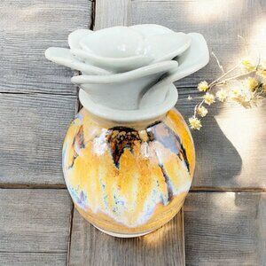 Vintage Studio Pottery Flower Shaped Bud Vase Drip Glaze Stoneware Signed Judy